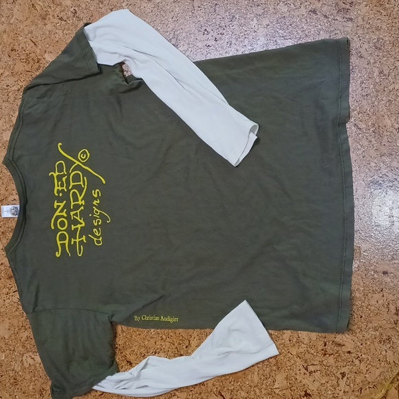 Ed Hardy By Chritian Audigier Men's Long Sleeve Tee Shirt Olive/Cream Size L - Picture 7 of 10